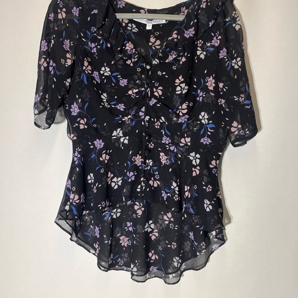 Veronica Beard Black Ruffled Fitted Blouse with Peter Pan Collar